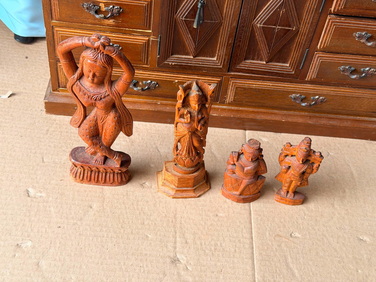 Vintage Indian Hand Carved Wood Deity Statues - Hindu Apsara Idol Set of 4