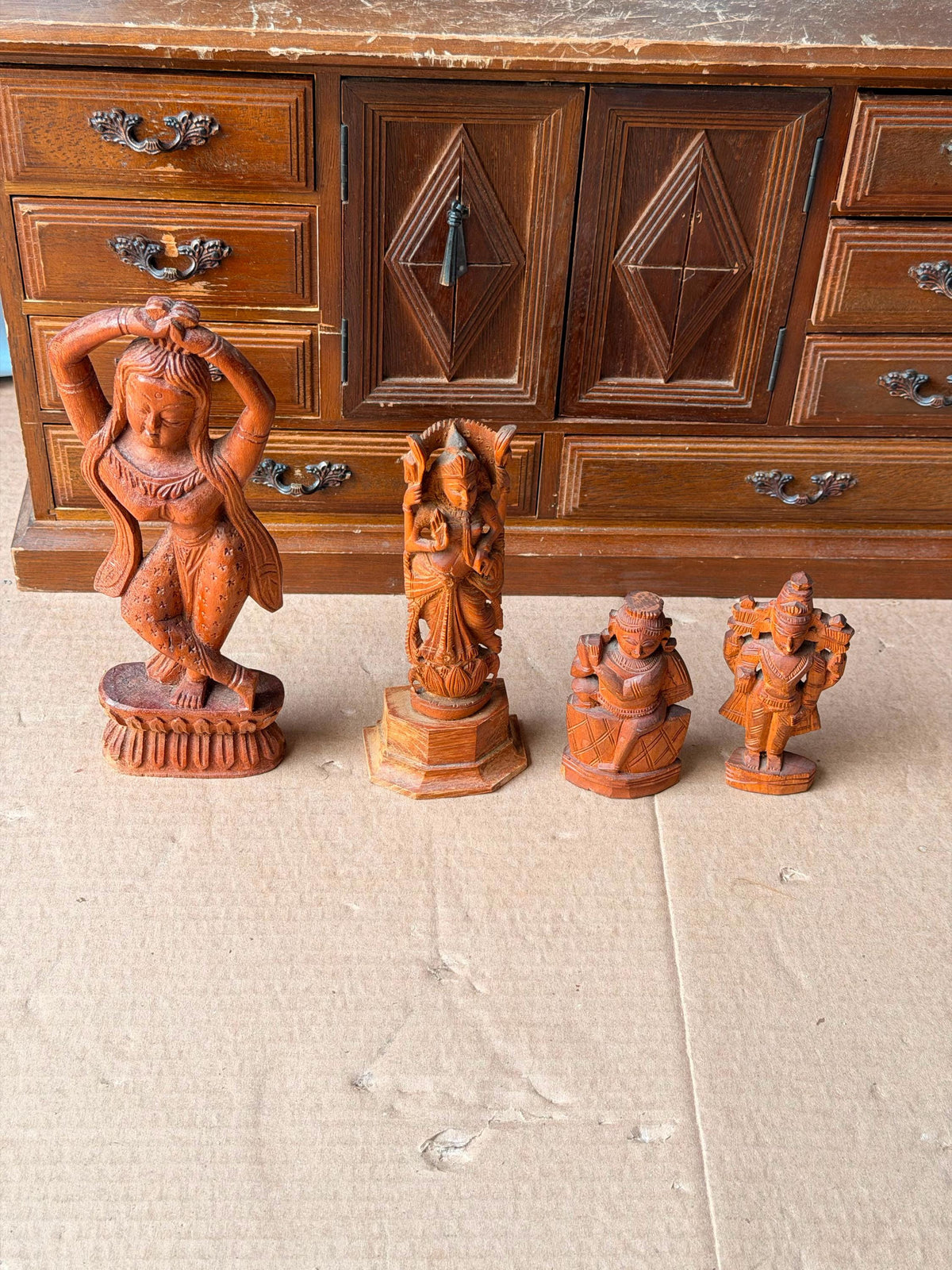 Vintage Indian Hand Carved Wood Deity Statues - Hindu Apsara Idol Set of 4