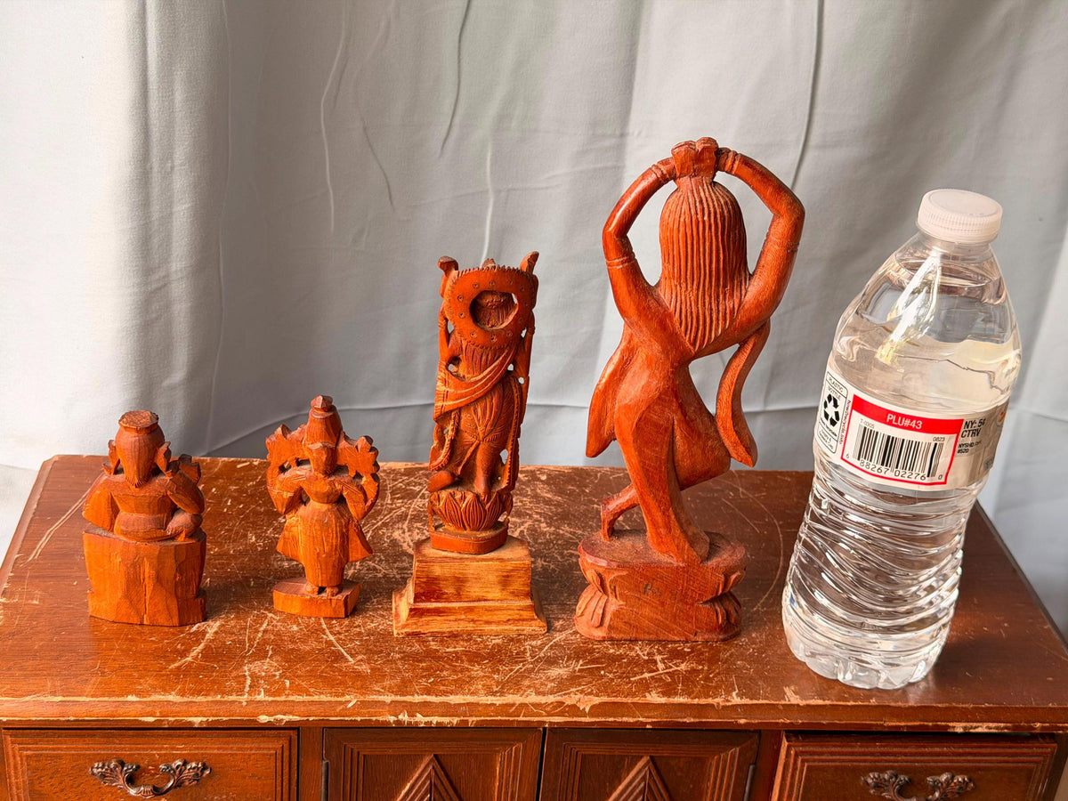 Vintage Indian Hand Carved Wood Deity Statues - Hindu Apsara Idol Set of 4