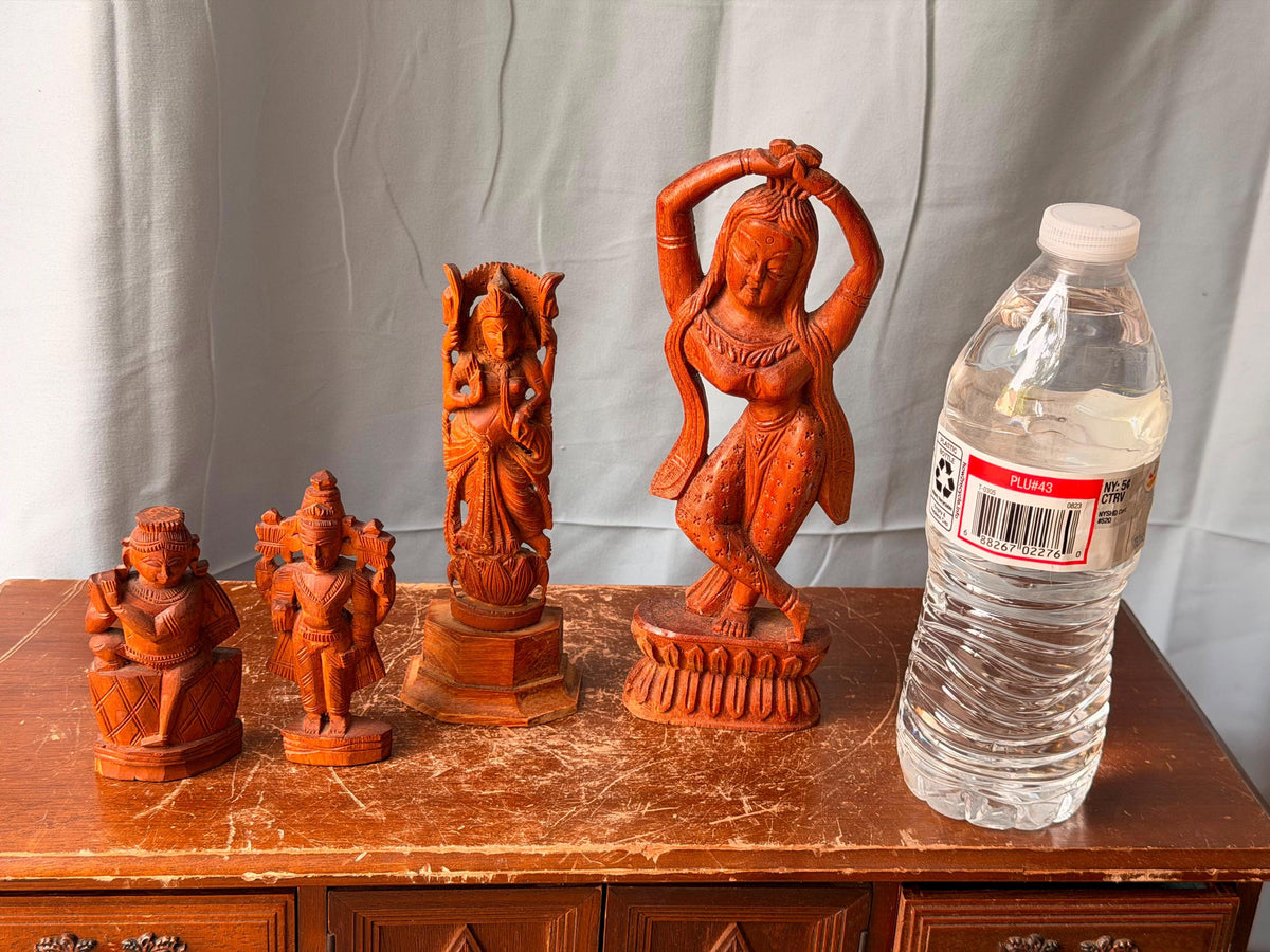 Vintage Indian Hand Carved Wood Deity Statues - Hindu Apsara Idol Set of 4