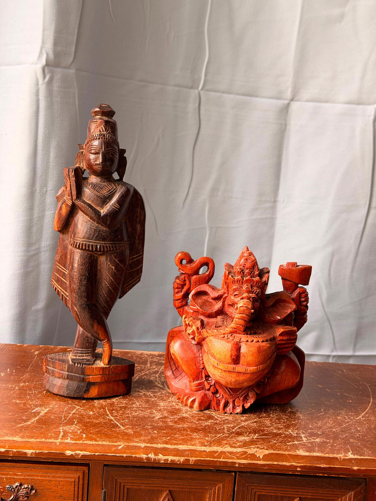 Vintage Carved Wood Hindu Deity Statues Set - Krishna & Ganesha India Idols