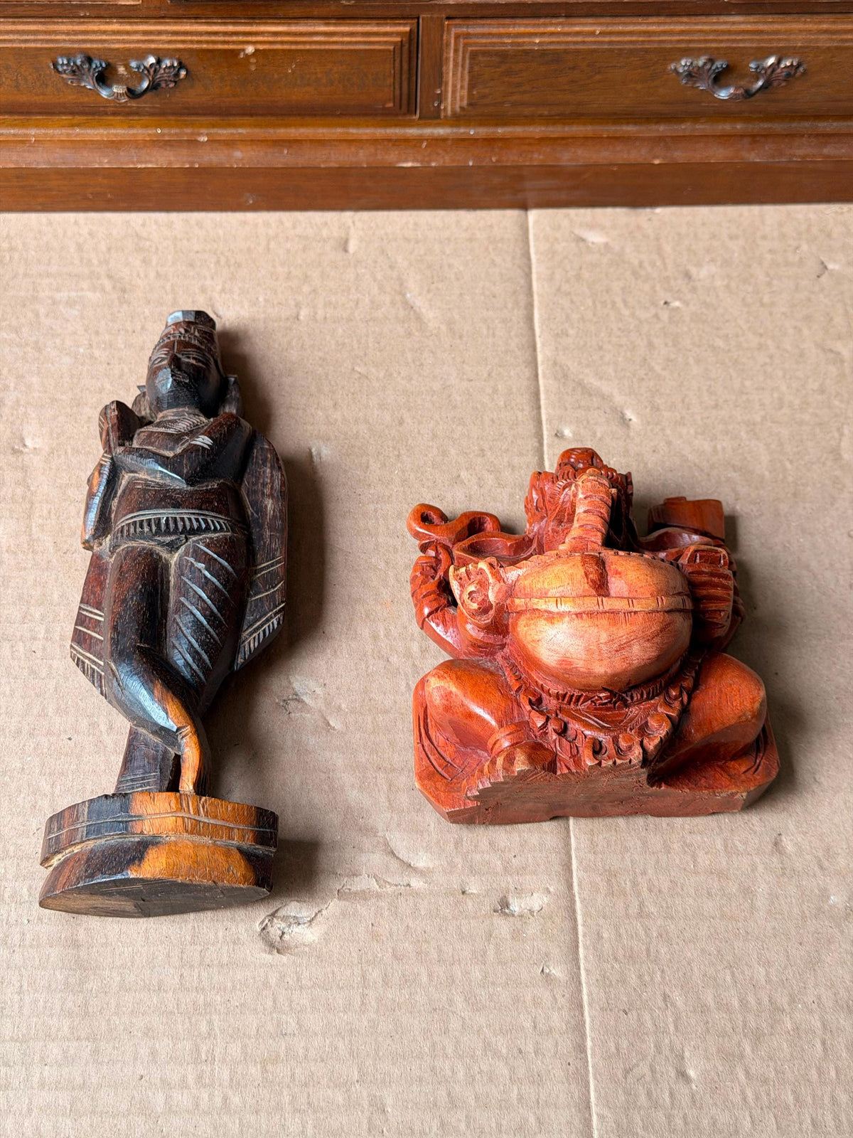 Vintage Carved Wood Hindu Deity Statues Set - Krishna & Ganesha India Idols