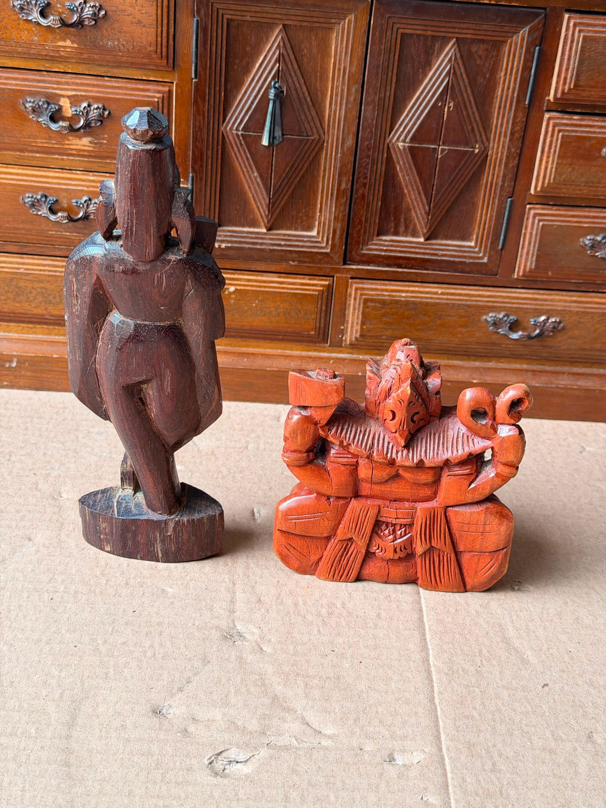 Vintage Carved Wood Hindu Deity Statues Set - Krishna & Ganesha India Idols