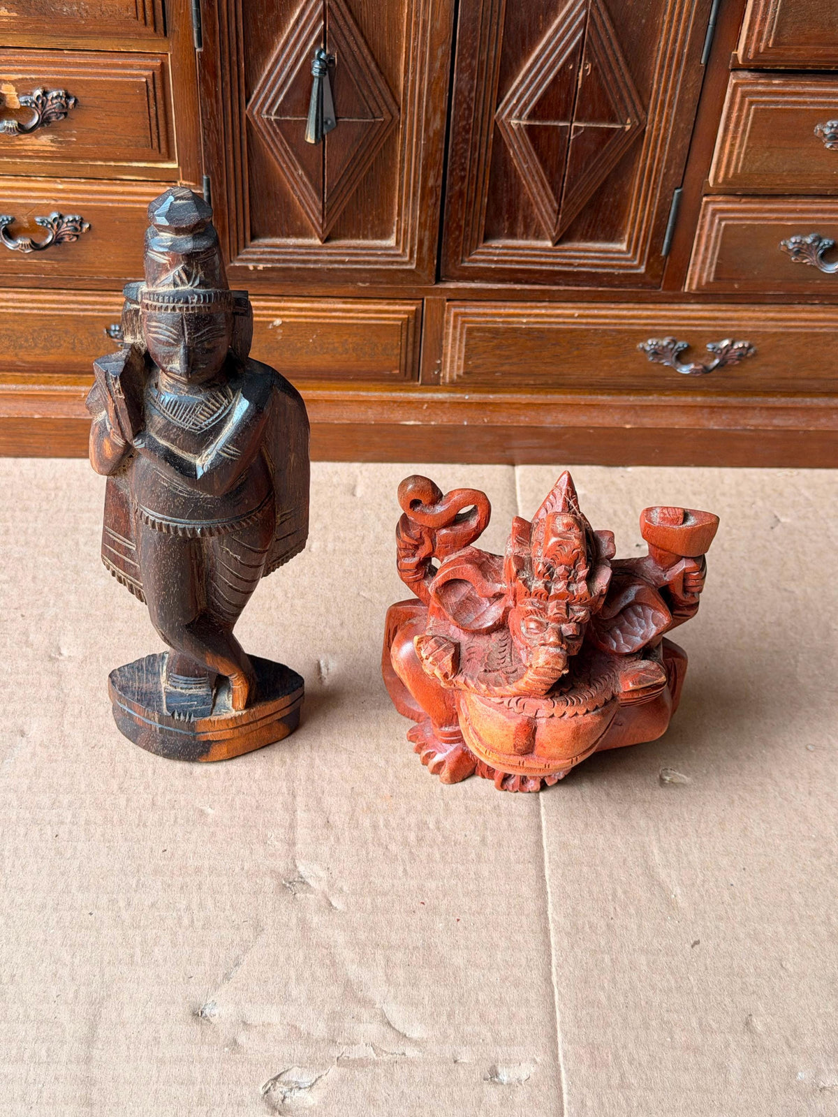 Vintage Carved Wood Hindu Deity Statues Set - Krishna & Ganesha India Idols