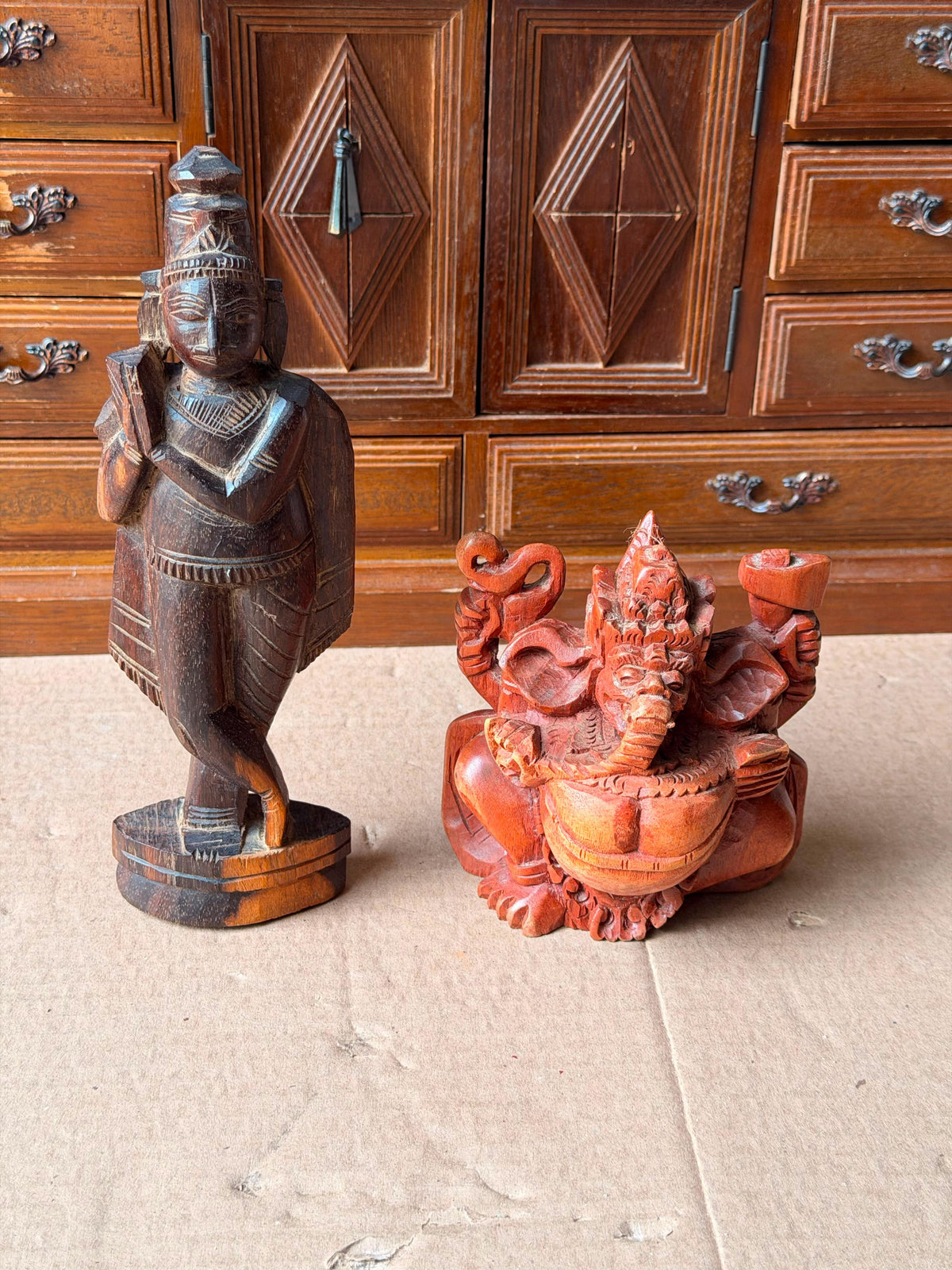 Vintage Carved Wood Hindu Deity Statues Set - Krishna & Ganesha India Idols