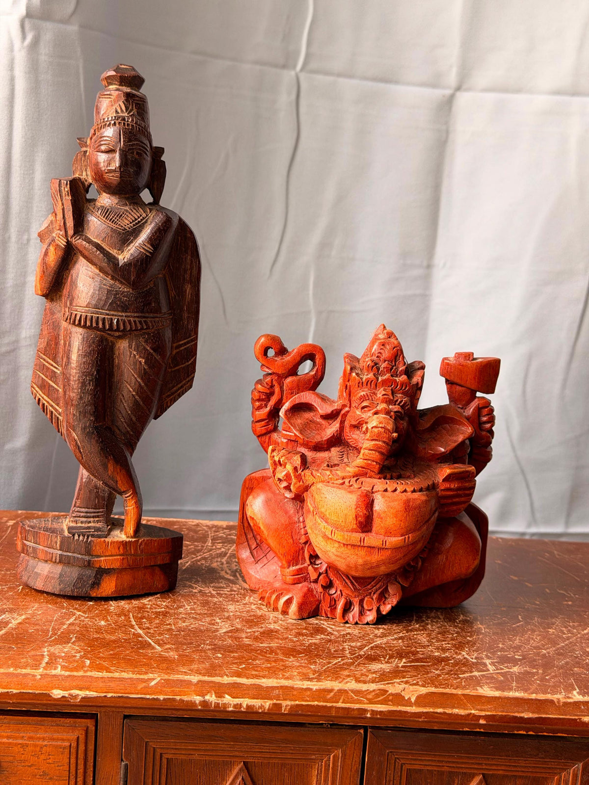 Vintage Carved Wood Hindu Deity Statues Set - Krishna & Ganesha India Idols