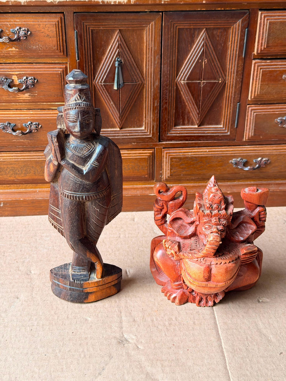 Vintage Carved Wood Hindu Deity Statues Set - Krishna & Ganesha India Idols
