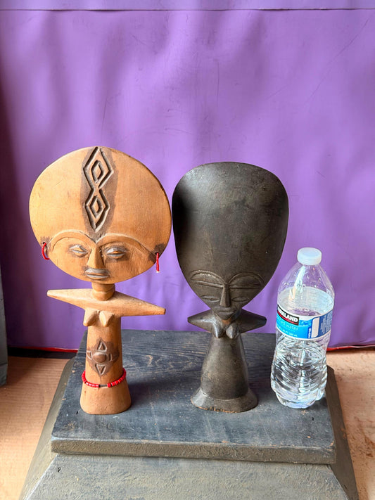 Vintage African Wood Akua'ba Fertility Dolls - Set of 2 Ashanti 13"