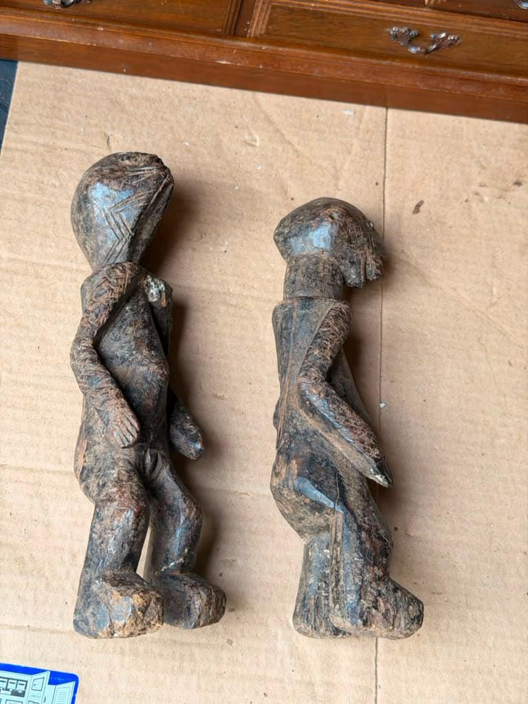 Vintage African Wood Chamba Ancestor Figures Set of 2 Nigeria Tau Sculptures 10"