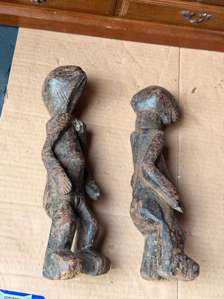 Vintage African Wood Chamba Ancestor Figures Set of 2 Nigeria Tau Sculptures 10"