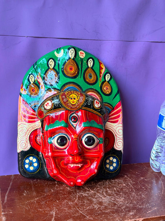 Vintage Nepalese Mask Hand Painted Red Bhairava Goddess Folk Art Wall Decor
