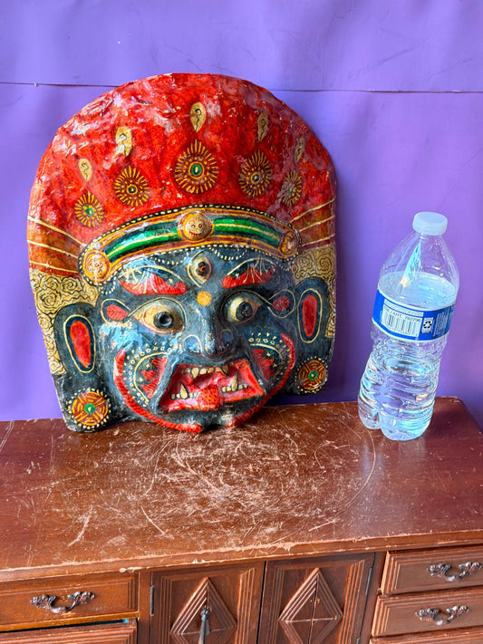 Vintage Nepalese Mask Hand Painted Mahakala Bhairava Protector Wall Art