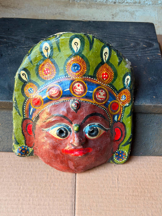 Vintage Nepalese Mask Hand Painted Copper Deity Newar Folk Art Wall Decor
