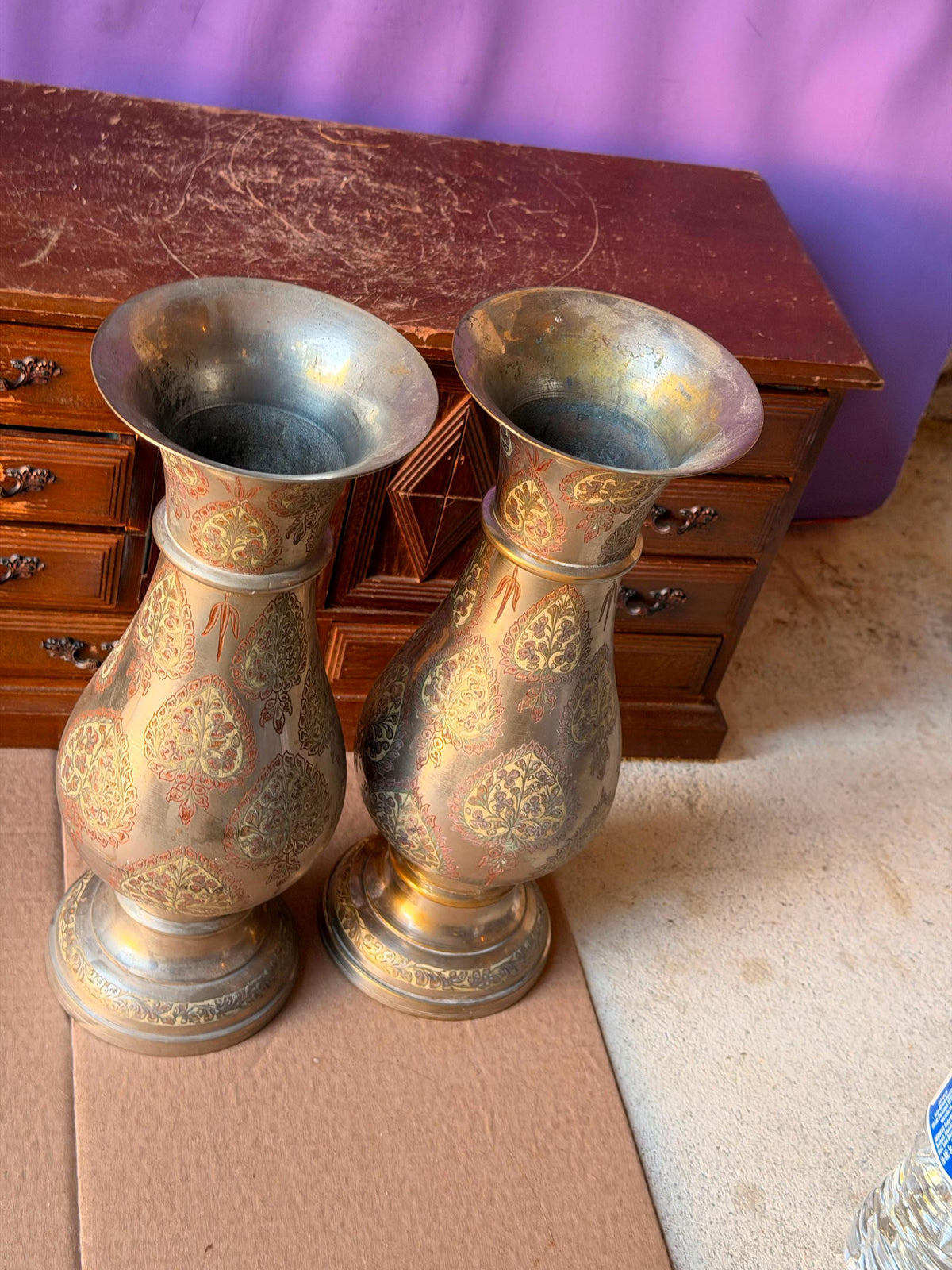 Pair Vintage Indian Etched Bronze Vases Large 12 Inch Floral Paisley Boho Urns