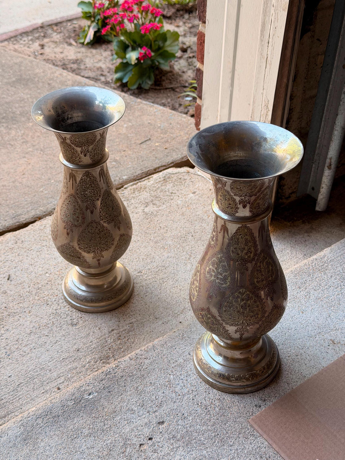 Pair Vintage Indian Etched Bronze Vases Large 12 Inch Floral Paisley Boho Urns