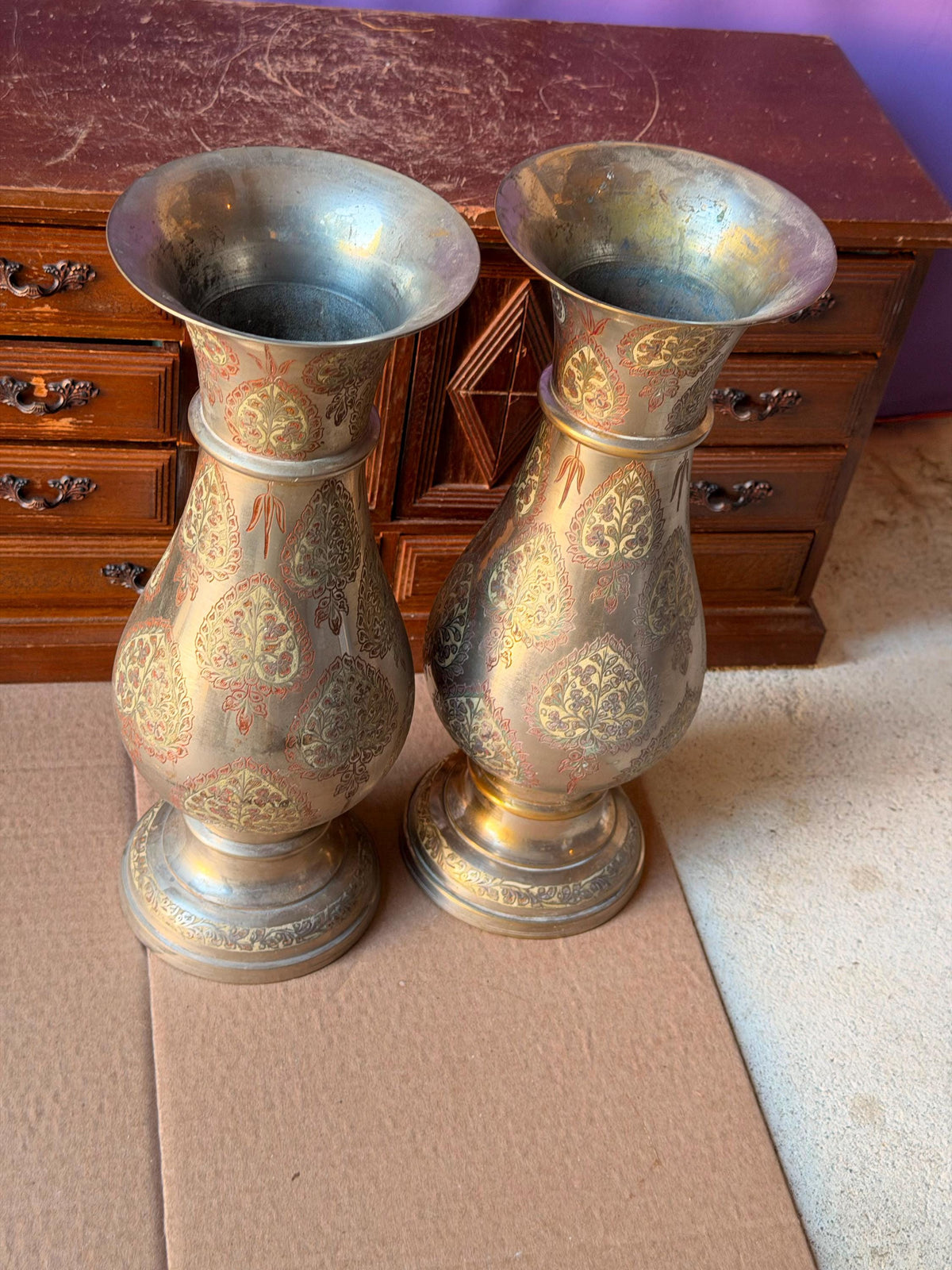 Pair Vintage Indian Etched Bronze Vases Large 12 Inch Floral Paisley Boho Urns