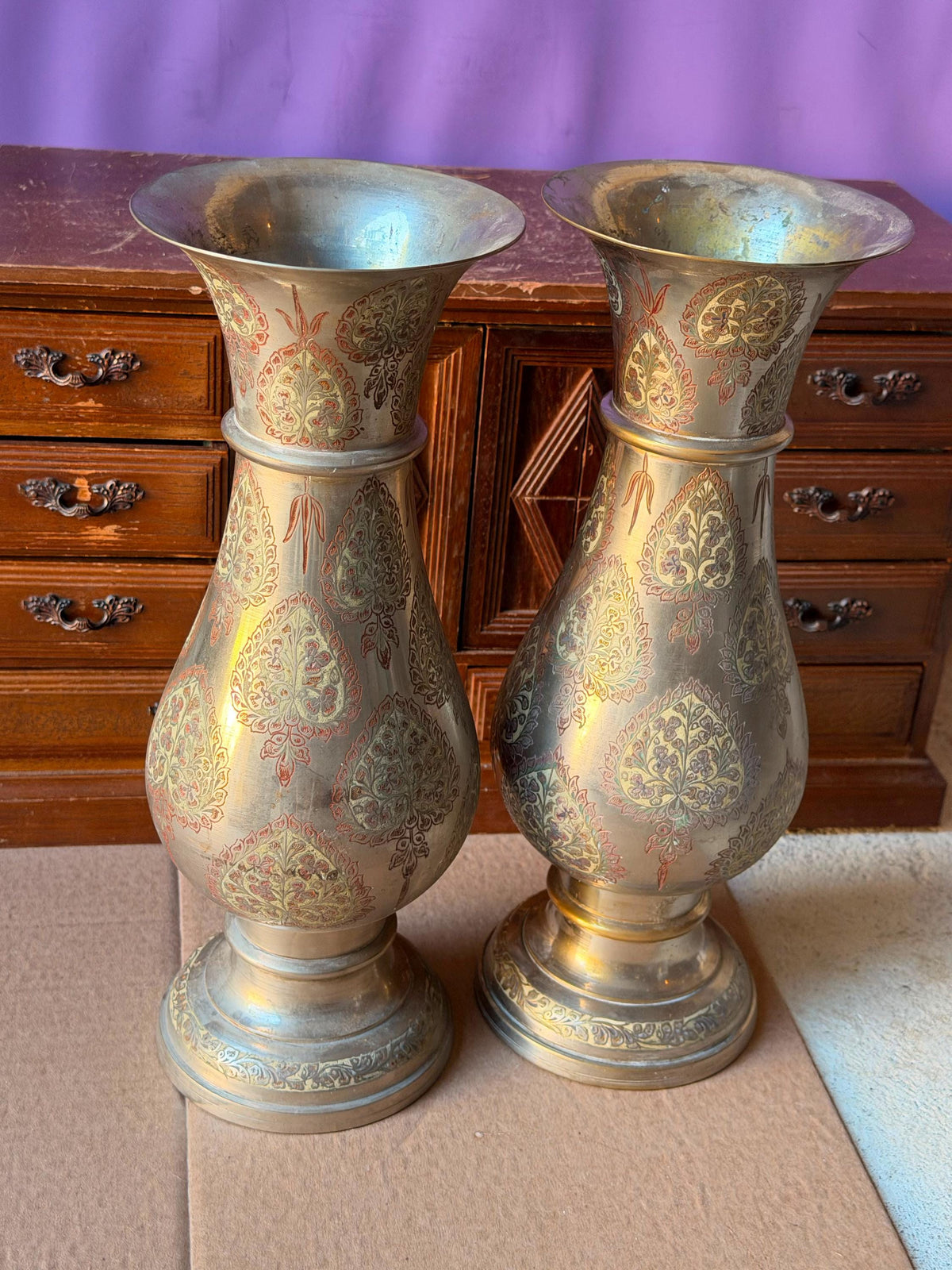 Pair Vintage Indian Etched Bronze Vases Large 12 Inch Floral Paisley Boho Urns