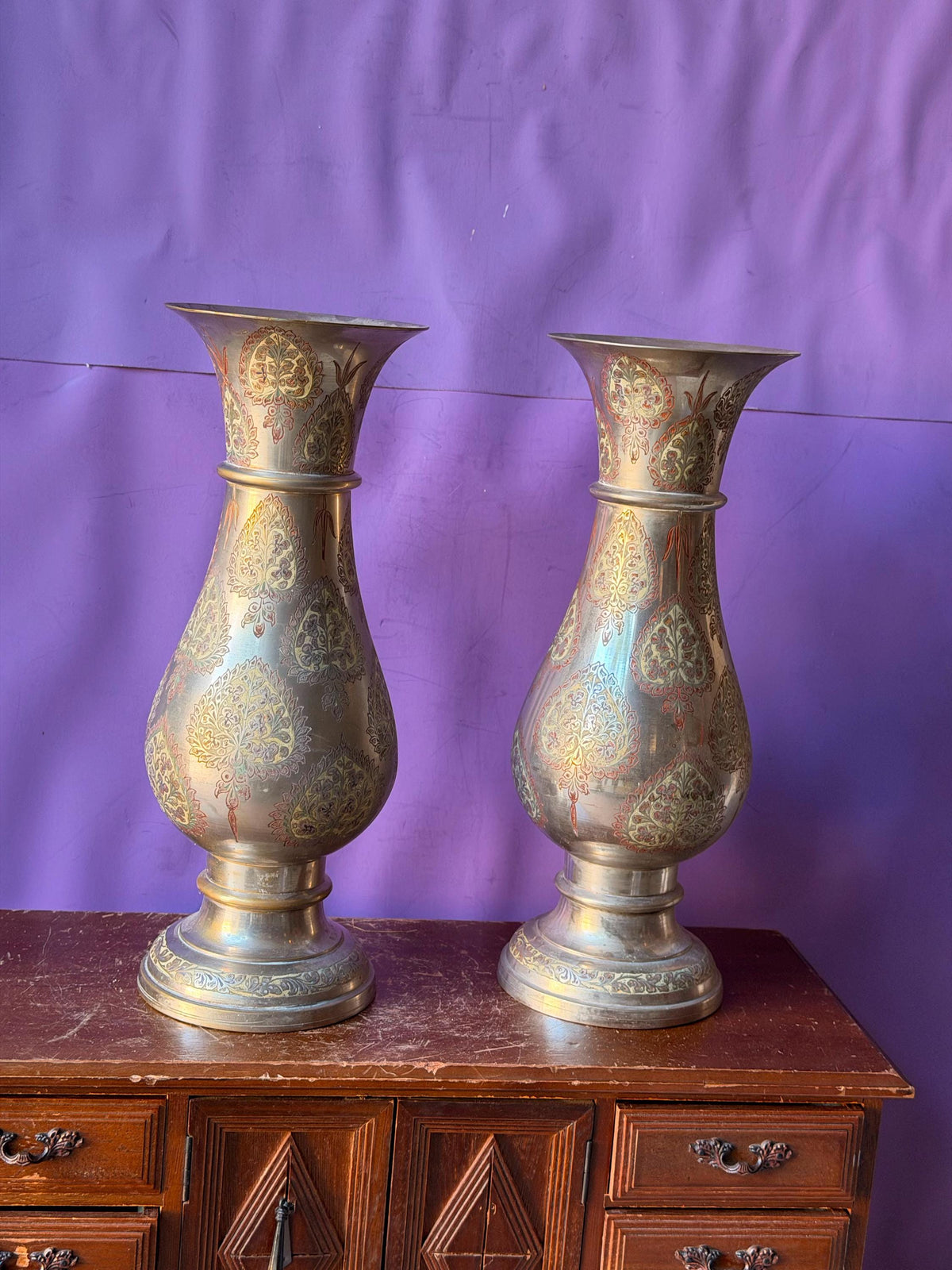 Pair Vintage Indian Etched Bronze Vases Large 12 Inch Floral Paisley Boho Urns