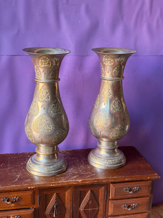 Pair Vintage Indian Etched Bronze Vases Large 12 Inch Floral Paisley Boho Urns