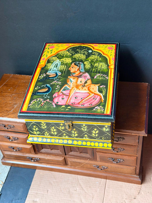 Vintage Indian Hand Painted Wood Box Rajasthani Miniature Art Chest 11"