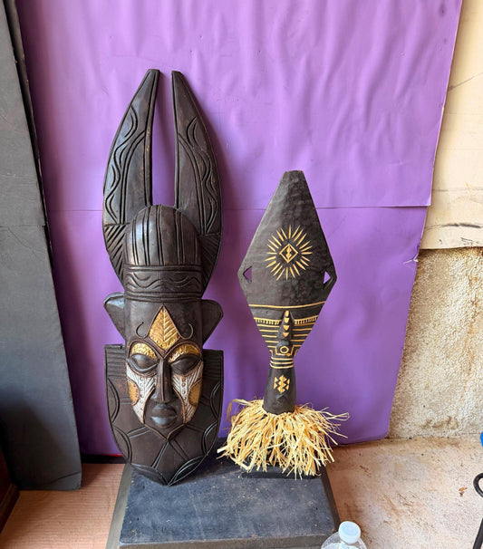 Vintage West African Wood Mask Pair Embossed Brass Tribal Wall Decor Set 26"