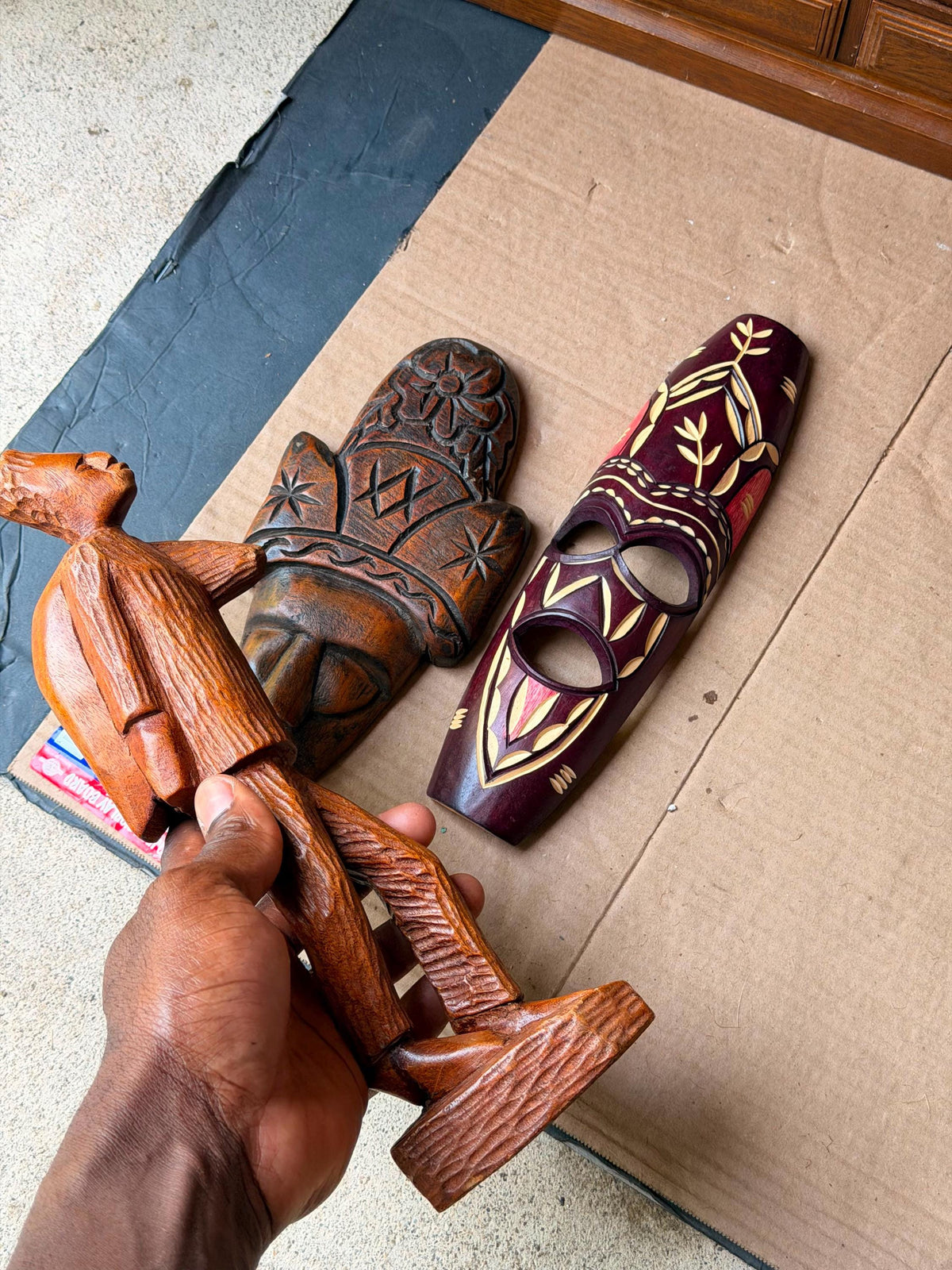 3 Pc Vintage African Art Set - Hand Carved Wood Man Statue & Wall Masks 11.5"