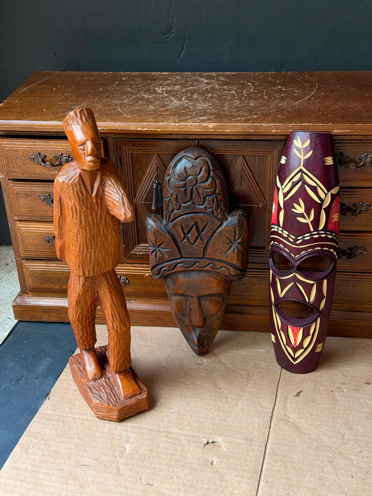 3 Pc Vintage African Art Set - Hand Carved Wood Man Statue & Wall Masks 11.5"
