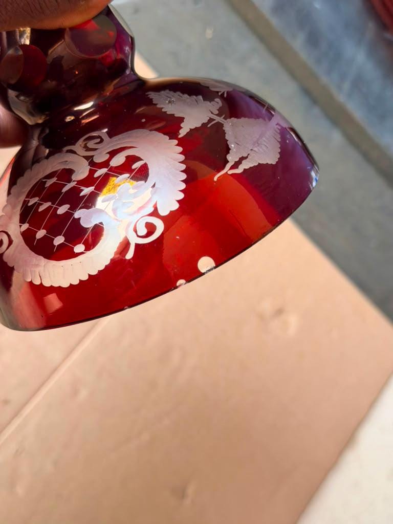 Vintage Bohemian Ruby Glass Covered Candy Dish Cut To Clear Egermann 6"