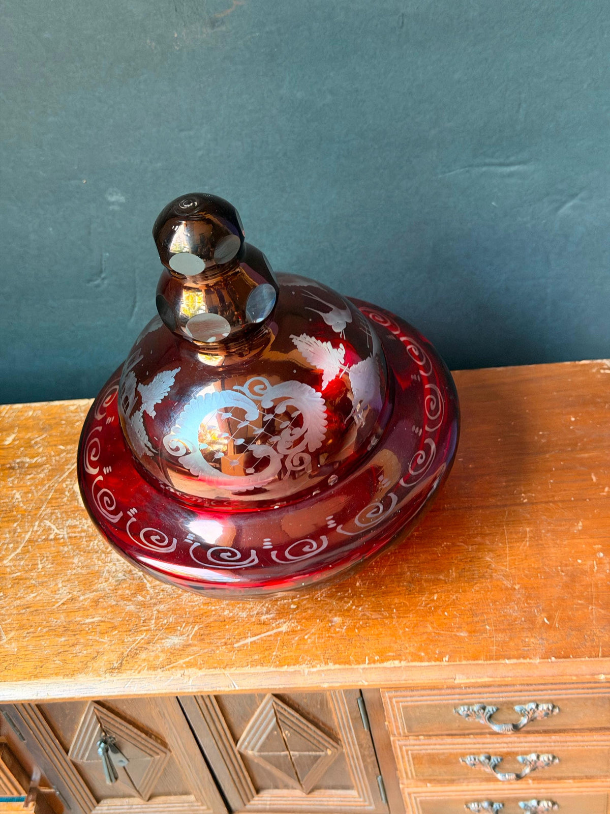 Vintage Bohemian Ruby Glass Covered Candy Dish Cut To Clear Egermann 6"