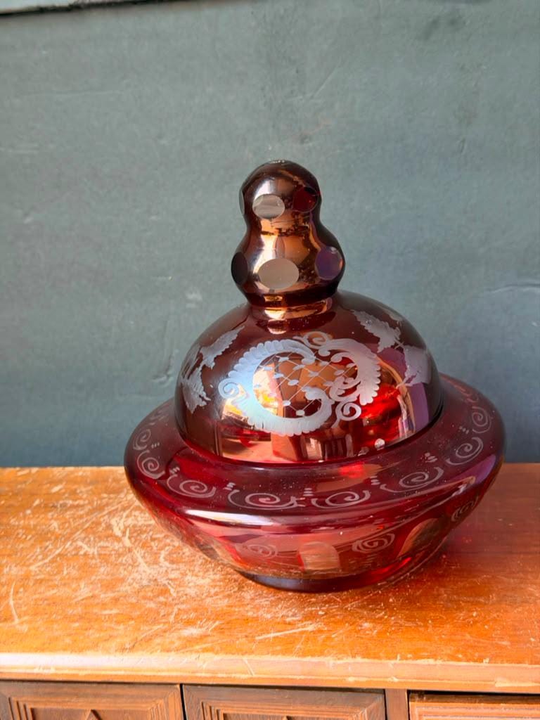 Vintage Bohemian Ruby Glass Covered Candy Dish Cut To Clear Egermann 6"