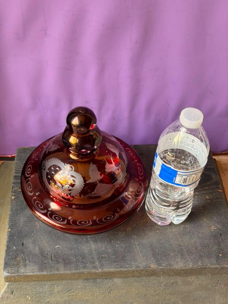 Vintage Bohemian Ruby Glass Covered Candy Dish Cut To Clear Egermann 6"