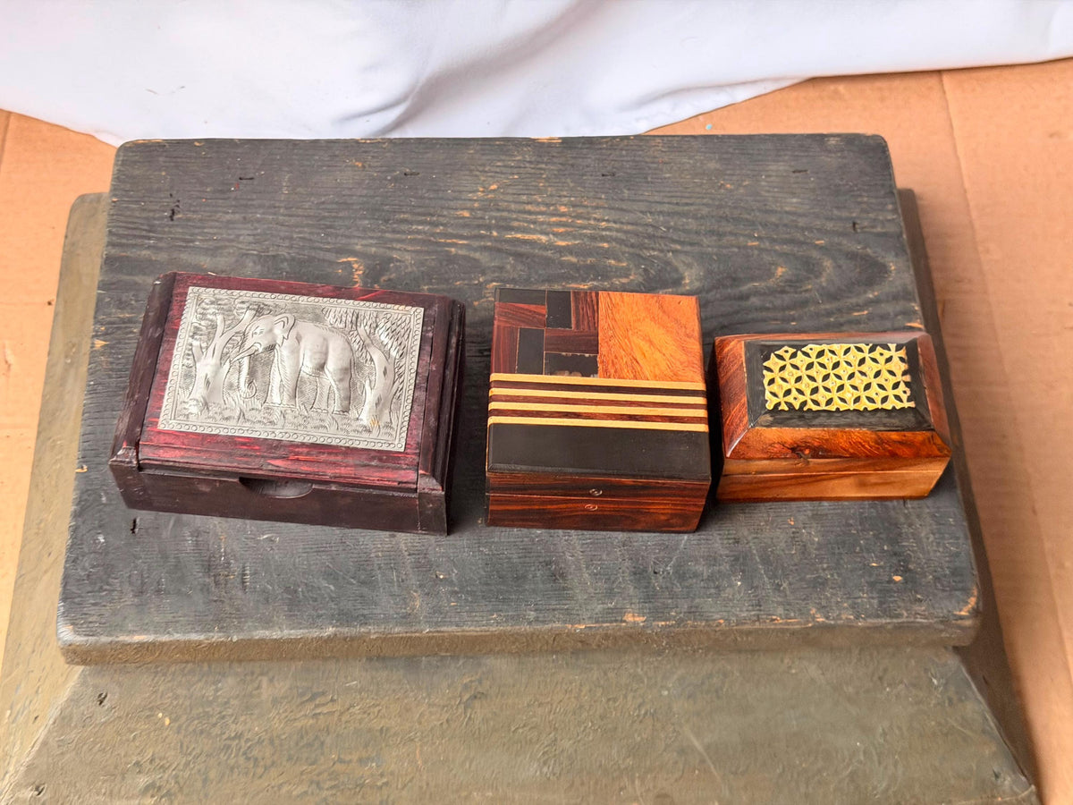 Set of 3 Vintage Wood Trinket Boxes Brass Inlay Parquetry Metal Elephant Art
