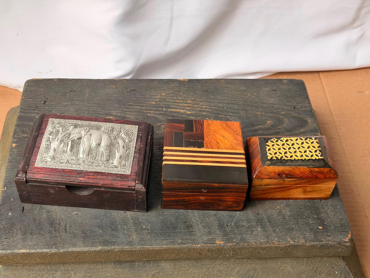 Set of 3 Vintage Wood Trinket Boxes Brass Inlay Parquetry Metal Elephant Art