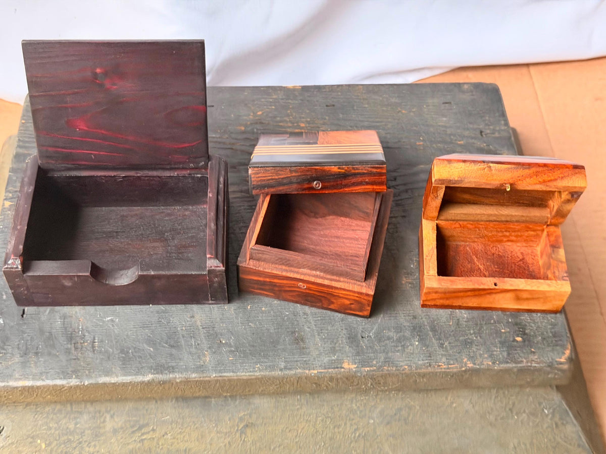 Set of 3 Vintage Wood Trinket Boxes Brass Inlay Parquetry Metal Elephant Art