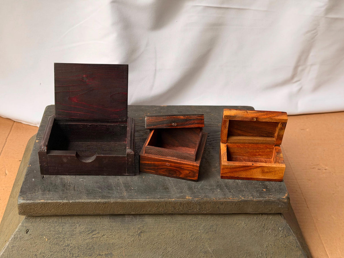 Set of 3 Vintage Wood Trinket Boxes Brass Inlay Parquetry Metal Elephant Art