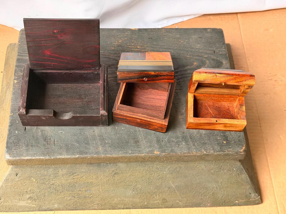 Set of 3 Vintage Wood Trinket Boxes Brass Inlay Parquetry Metal Elephant Art