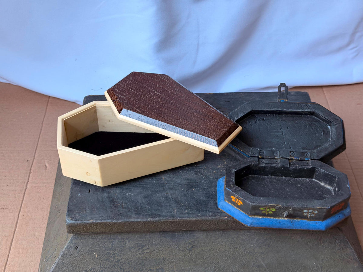 Set of 2 Vintage Handcrafted Exotic Wood Boxes Painted Bee Geometric 6.8"