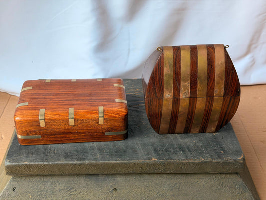 Vintage Brass Bound Rosewood Boxes Set of 2 Campaign Dome Trinket Chests
