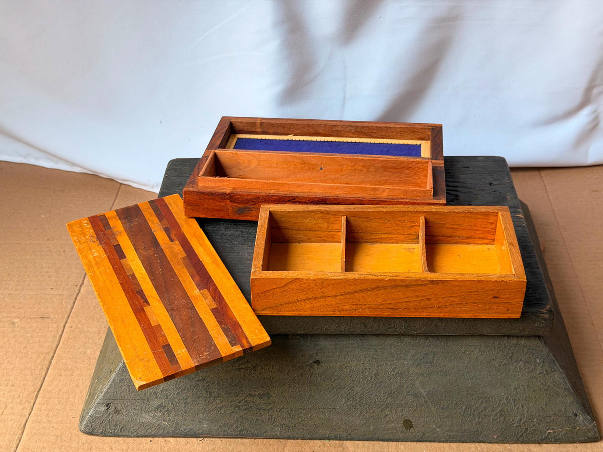 Vintage Wooden Desk Organizer Boxes Set of 2 Striped Parquetry Brass Inlay 8.8"