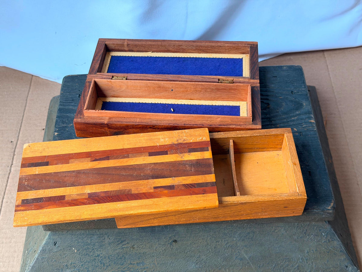 Vintage Wooden Desk Organizer Boxes Set of 2 Striped Parquetry Brass Inlay 8.8"