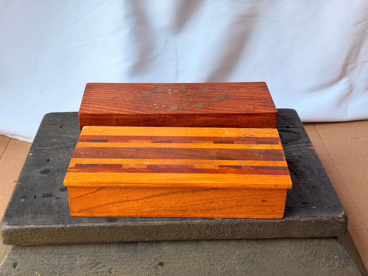 Vintage Wooden Desk Organizer Boxes Set of 2 Striped Parquetry Brass Inlay 8.8"