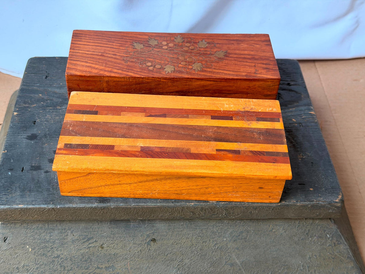 Vintage Wooden Desk Organizer Boxes Set of 2 Striped Parquetry Brass Inlay 8.8"