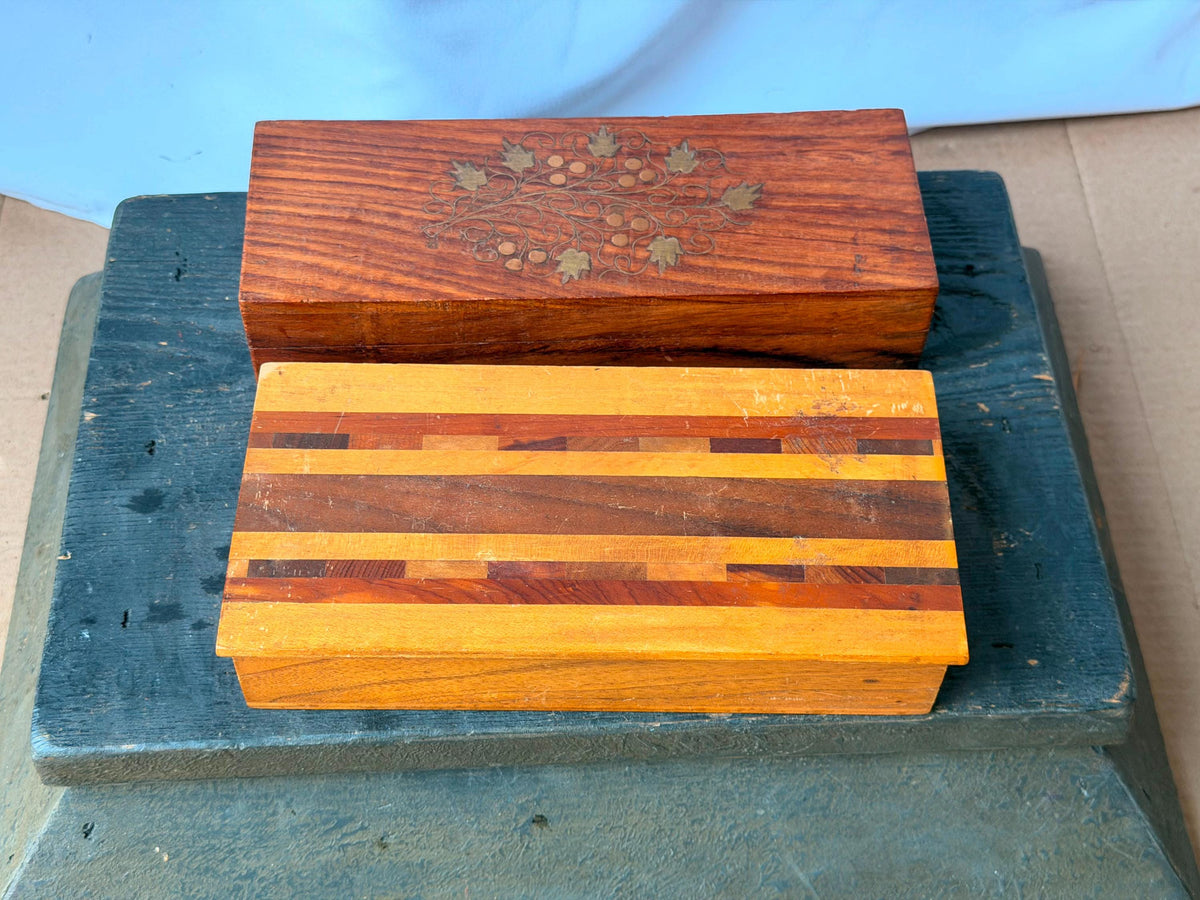 Vintage Wooden Desk Organizer Boxes Set of 2 Striped Parquetry Brass Inlay 8.8"
