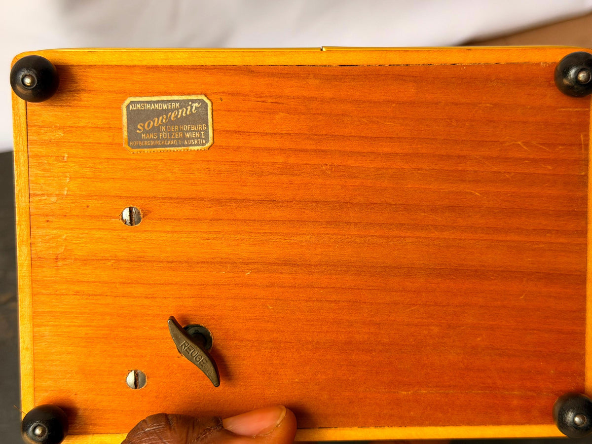 Vintage Austrian Reuge Music Box Mozart Wood Jewelry Trinket Case Vienna 6.2"