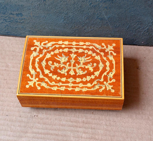 Vintage Sorrento Marquetry Music Box Bird Inlay Italian Wood Trinket Case 5"