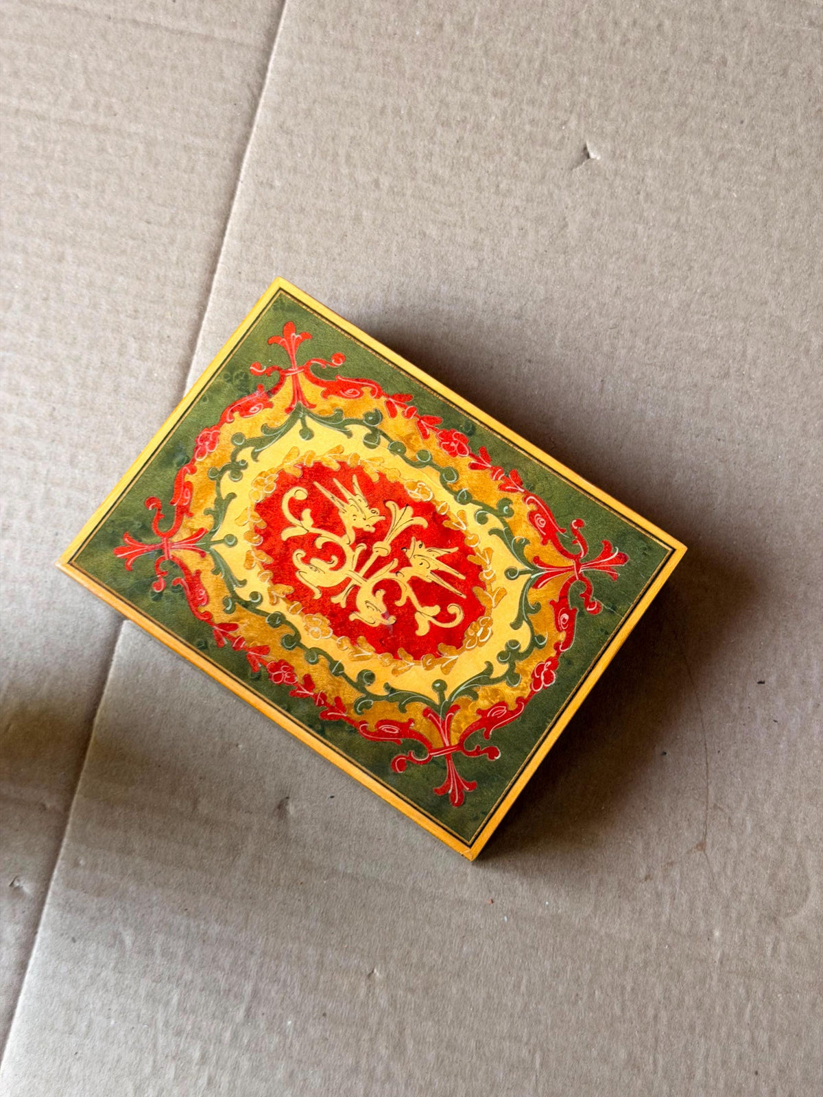 Florentine Style Painted Wood Trinket Box, Vintage Bird Motif Jewelry Box 5.5 in, Red Green Gold Keepsake Box, Mediterra