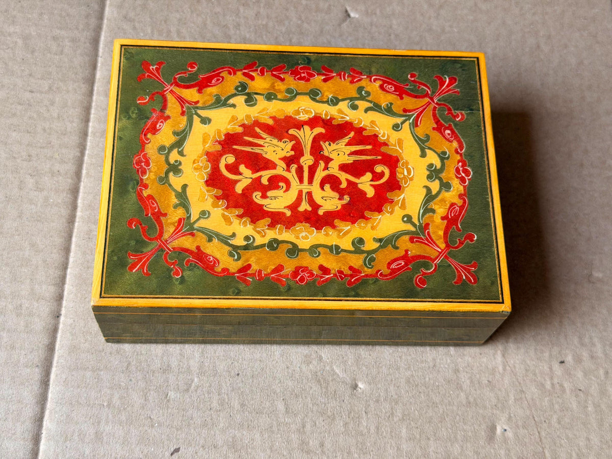 Florentine Style Painted Wood Trinket Box, Vintage Bird Motif Jewelry Box 5.5 in, Red Green Gold Keepsake Box, Mediterra