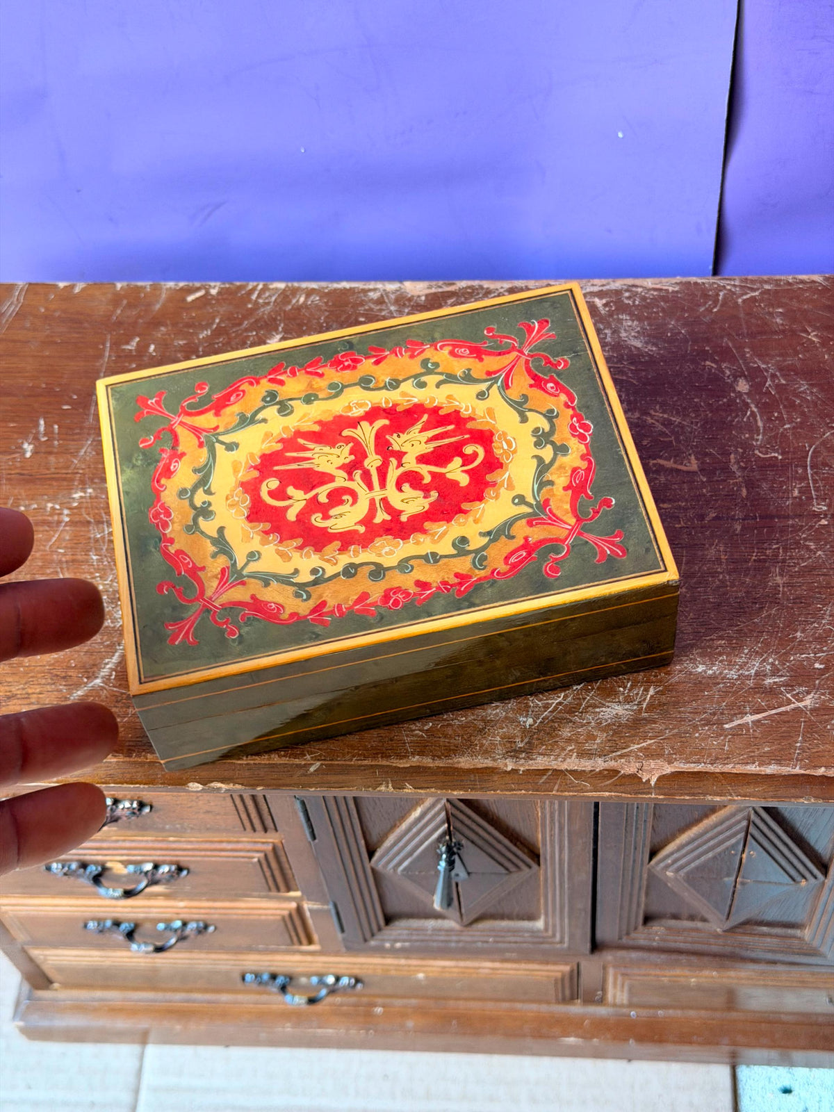 Florentine Style Painted Wood Trinket Box, Vintage Bird Motif Jewelry Box 5.5 in, Red Green Gold Keepsake Box, Mediterra