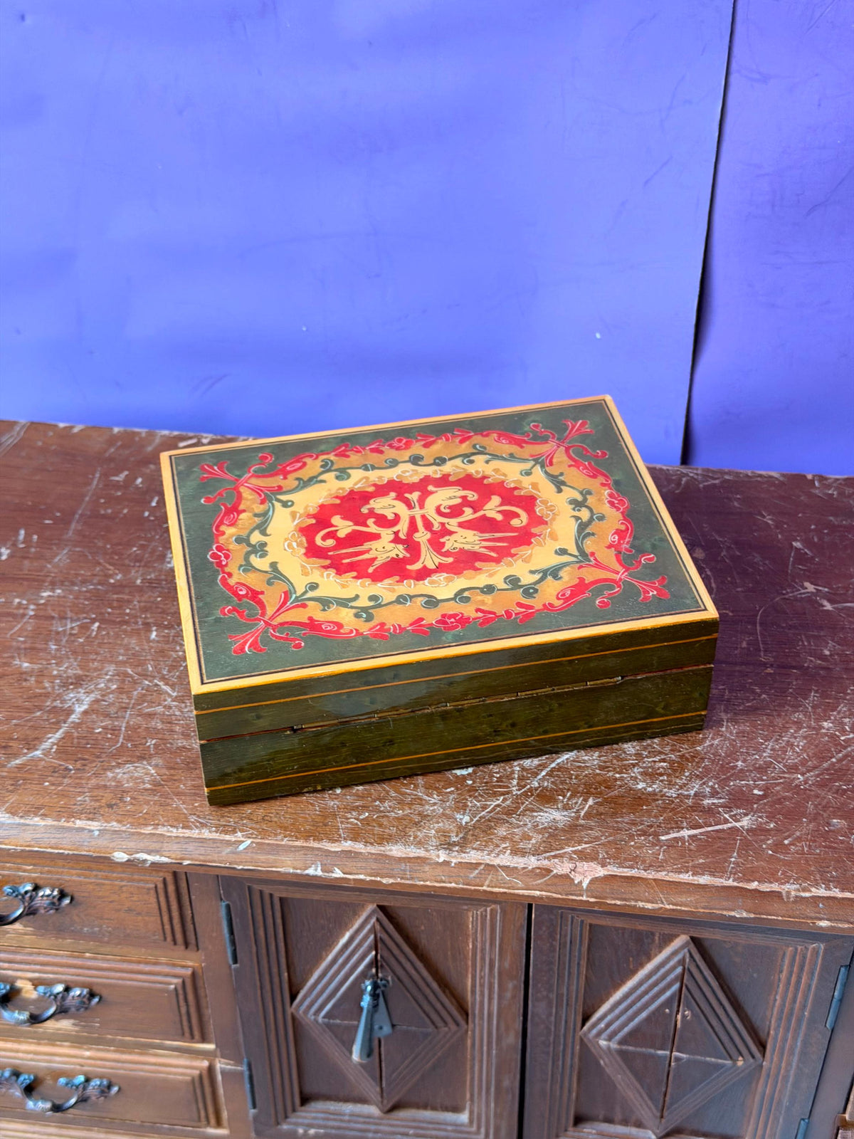 Florentine Style Painted Wood Trinket Box, Vintage Bird Motif Jewelry Box 5.5 in, Red Green Gold Keepsake Box, Mediterra