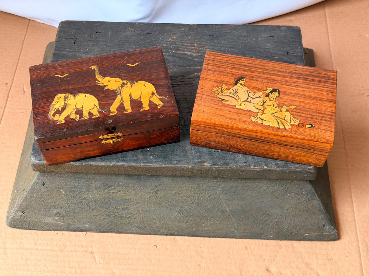 Vintage Indian Wood Marquetry Box Set Elephant & Court Musician Keepsake 6"